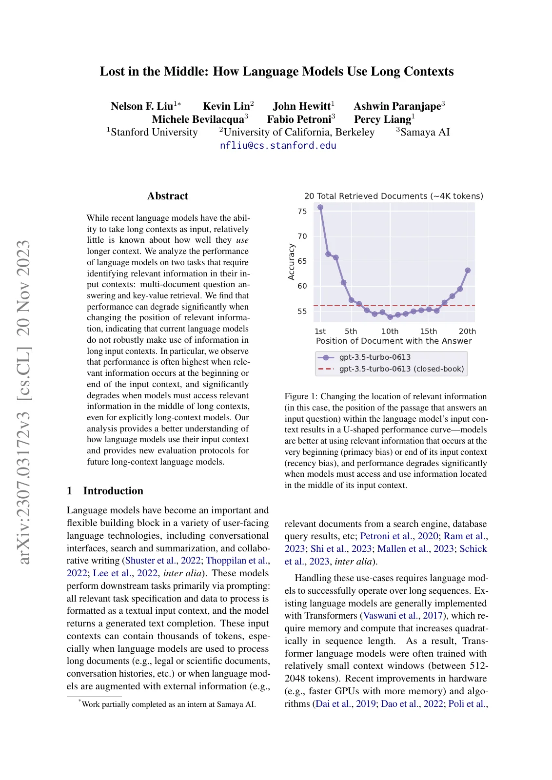 First page of Lost in the Middle: How Language Models Use Long Contexts.