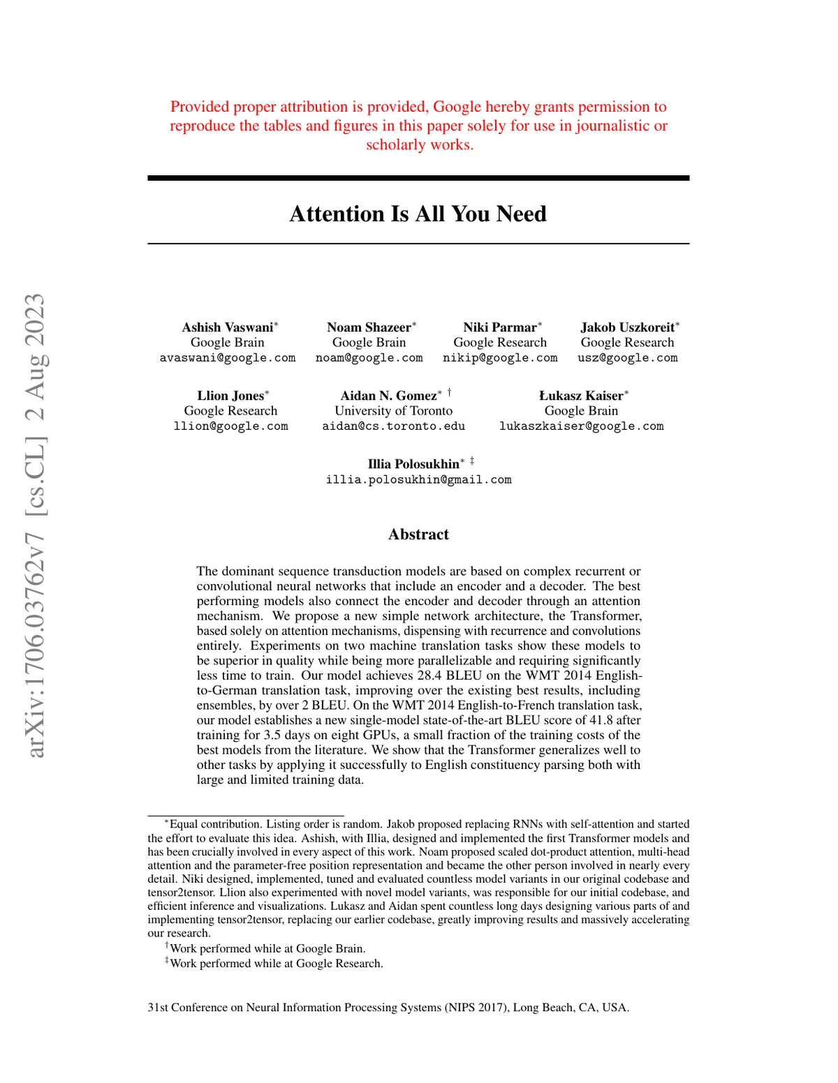 First page of Attention Is All You Need.