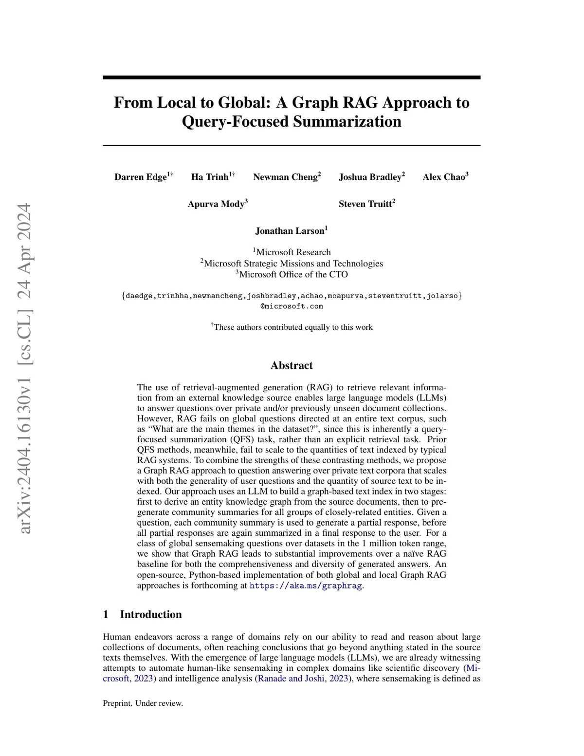 First page of From Local to Global: A Graph RAG Approach to Query-Focused Summarization.