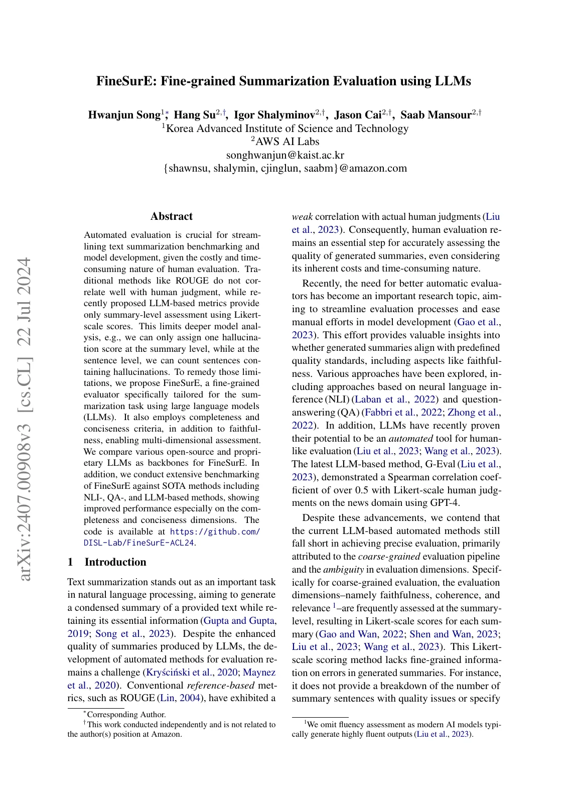 First page of FineSurE: Fine-grained Summarization Evaluation using LLMs.