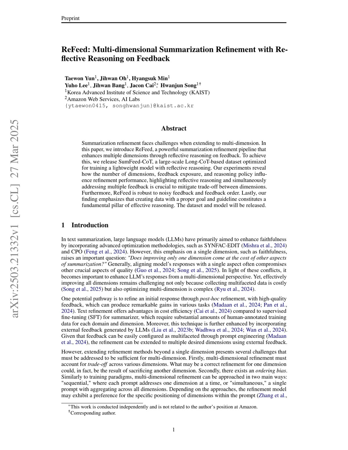 First page of ReFeed: Multi-dimensional Summarization Refinement with Reflective Reasoning on Feedback.