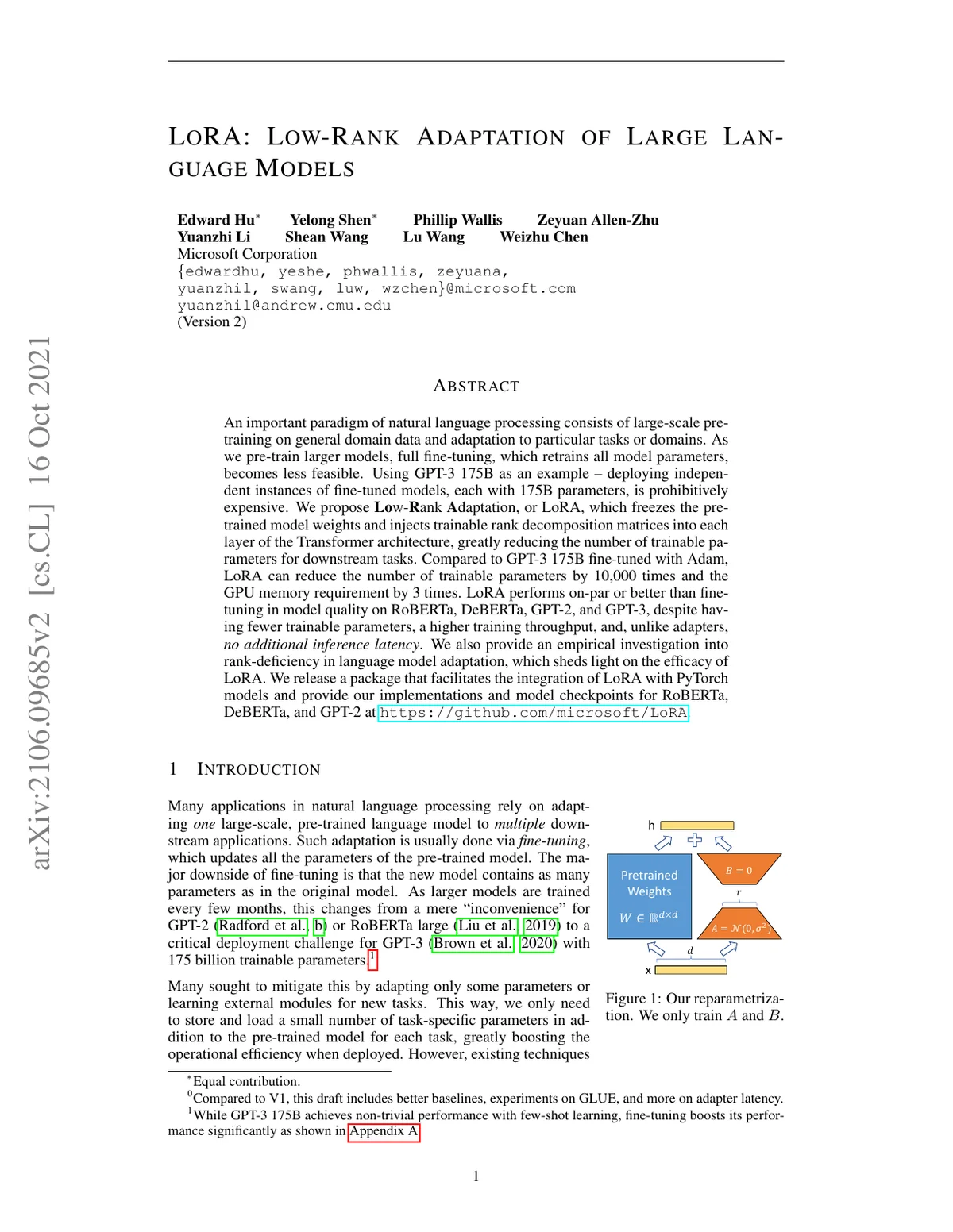 First page of LoRA: Low-Rank Adaptation of Large Language Models.