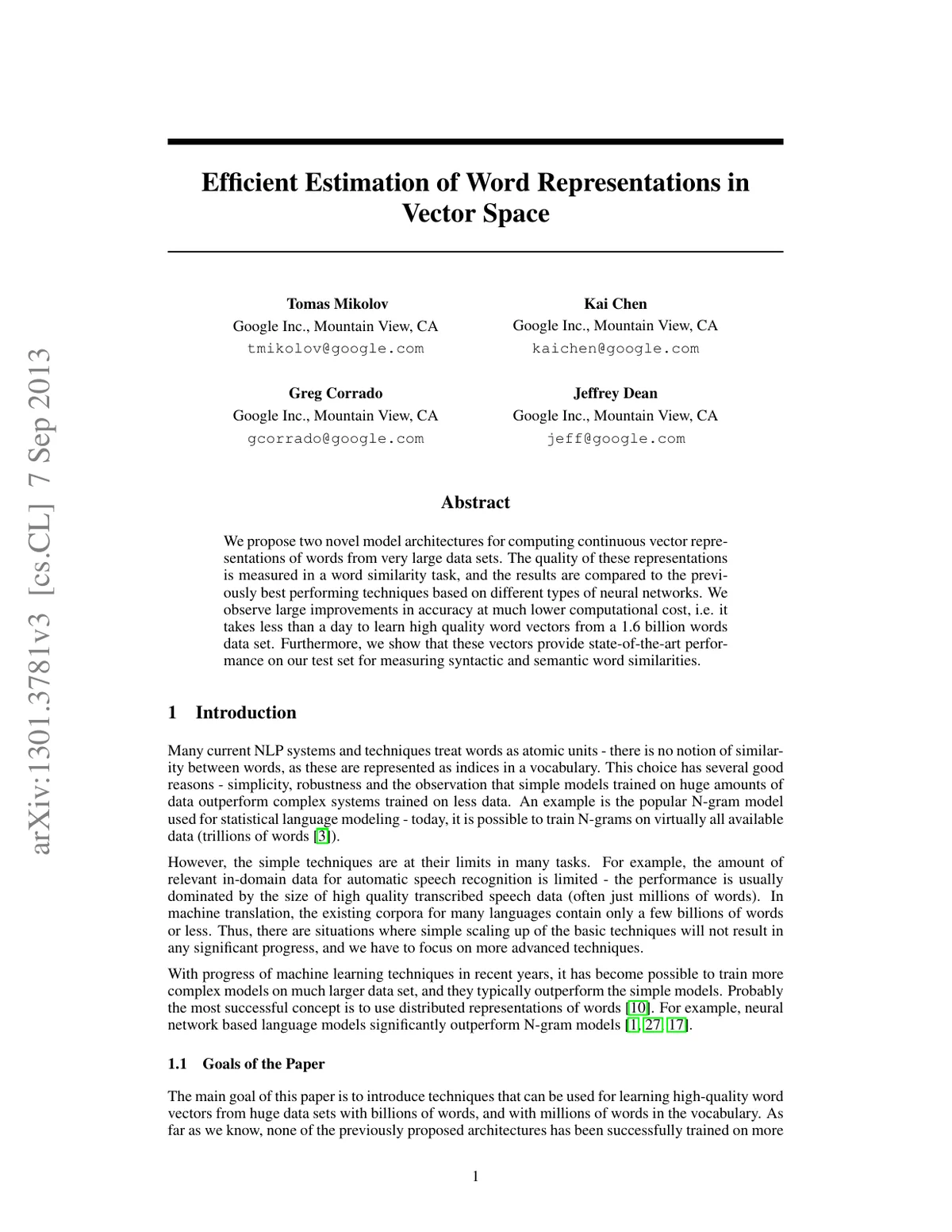 First page of Efficient Estimation of Word Representations in Vector Space.