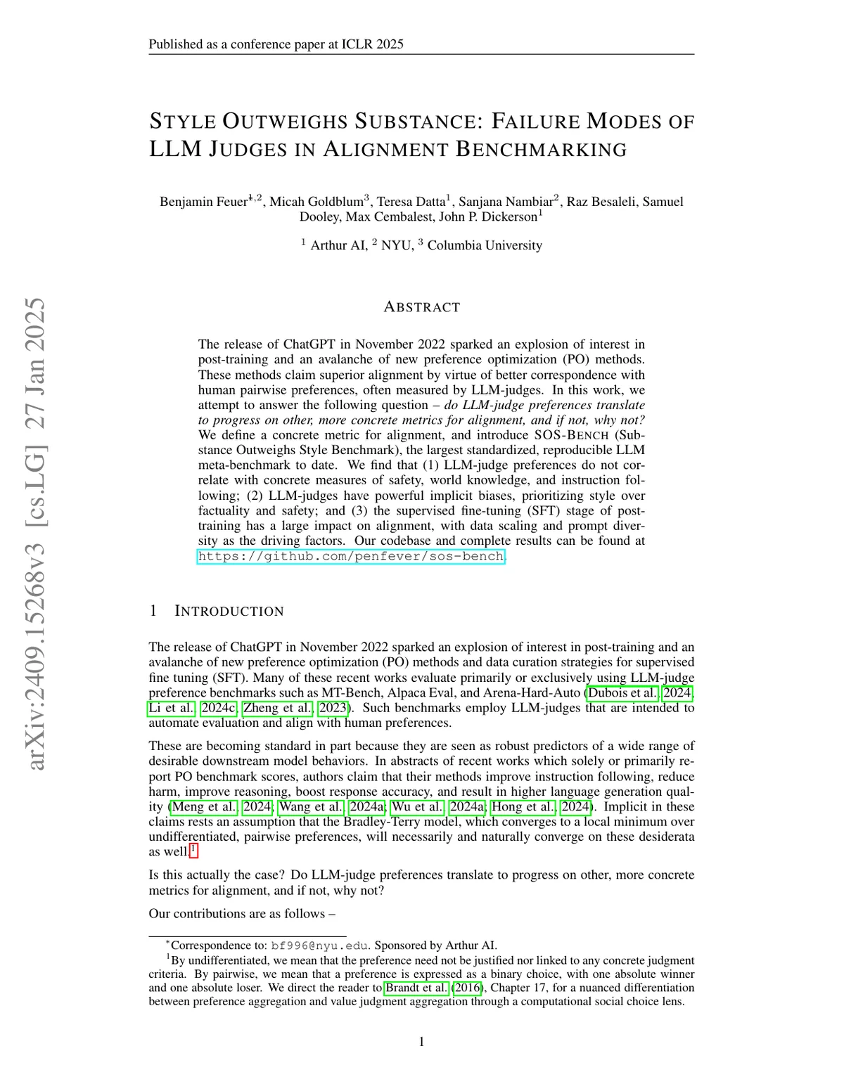 First page of Style Outweighs Substance: Failure Modes of LLM Judges in Alignment Benchmarking.