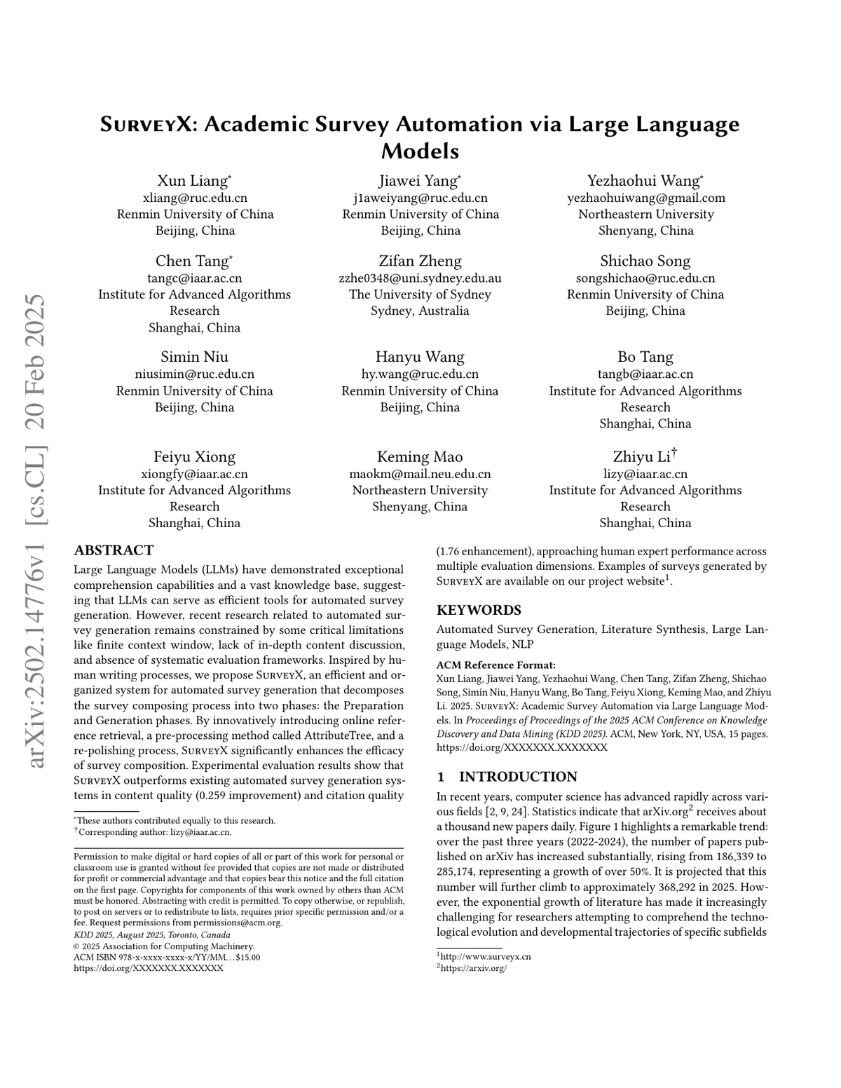 First page of SurveyX: Academic Survey Automation via Large Language Models.