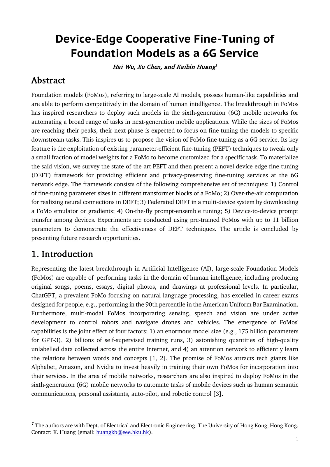First page of Device-Edge Cooperative Fine-Tuning of Foundation Models as a 6G Service.