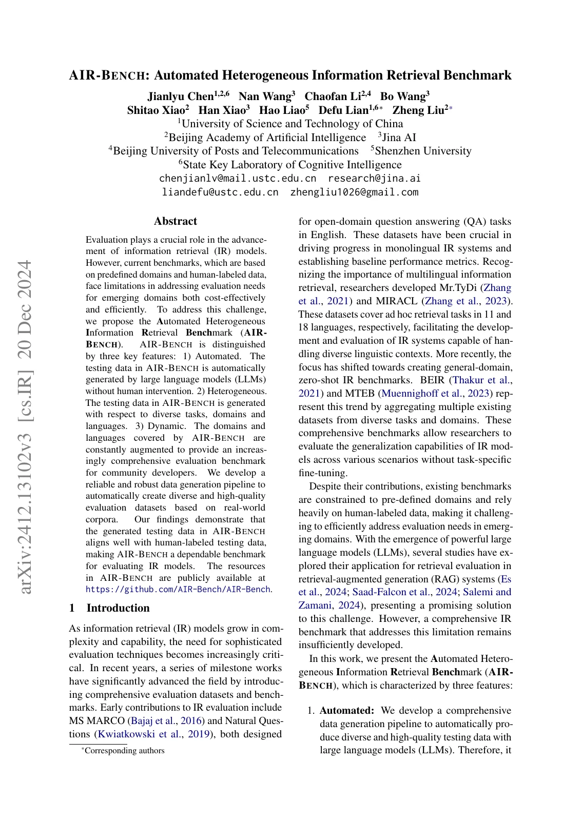 First page of AIR-Bench: Automated Heterogeneous Information Retrieval Benchmark.