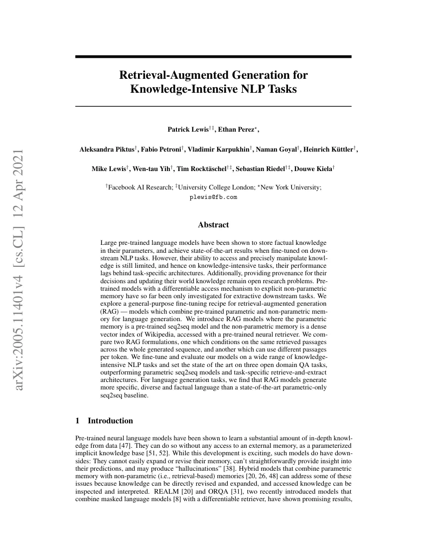 First page of Retrieval-Augmented Generation for Knowledge-Intensive NLP Tasks.