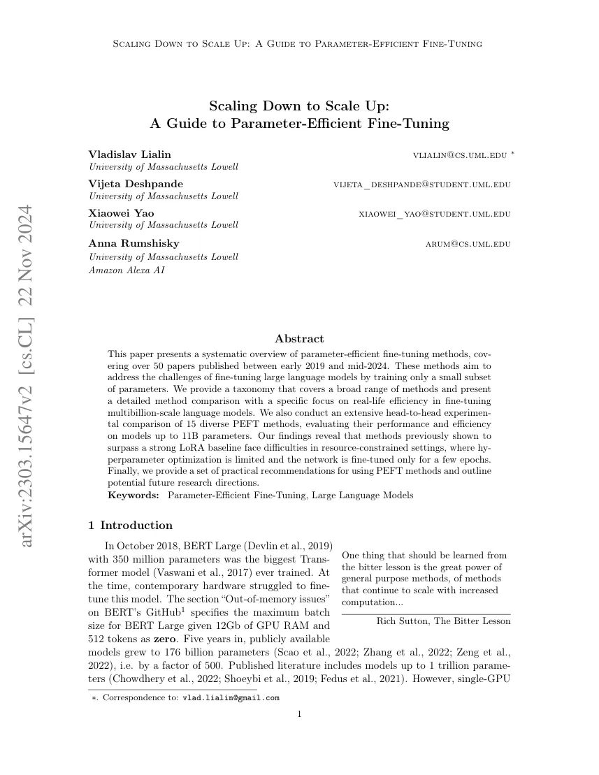 First page of Scaling Down to Scale Up: A Guide to Parameter-Efficient Fine-Tuning.