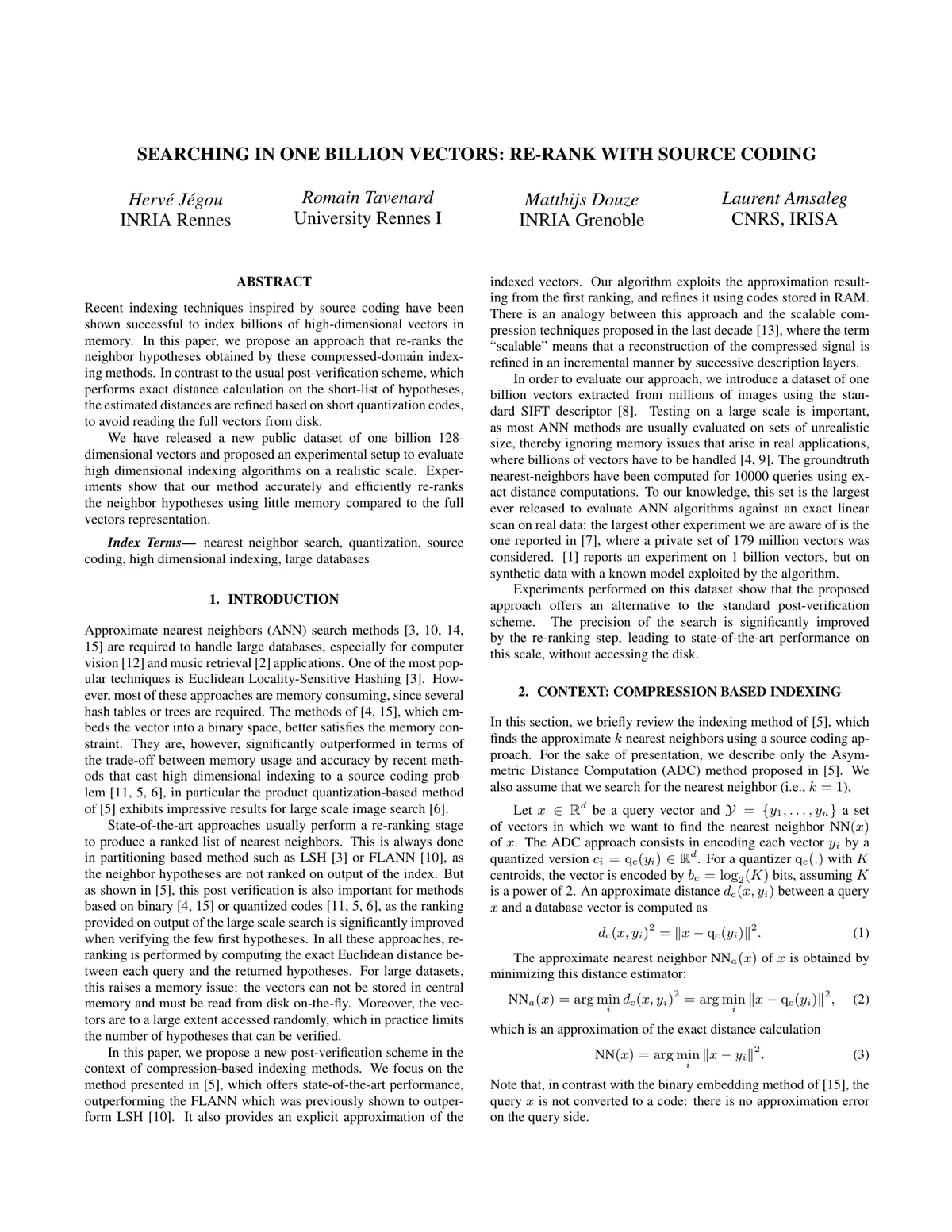Title page of Searching in One Billion Vectors: Re-rank with Source Coding.