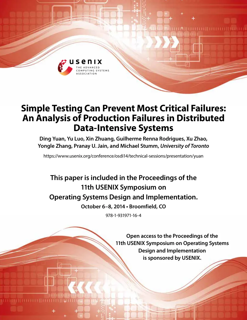 First page of Simple Testing Can Prevent Most Critical Failures: An Analysis of Production Failures in Distributed Data-intensive Systems.
