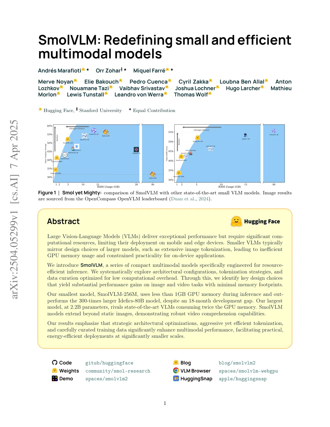 First page of SmolVLM: Redefining small and efficient multimodal models.