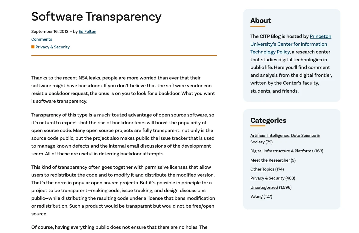 Screenshot of Software Transparency