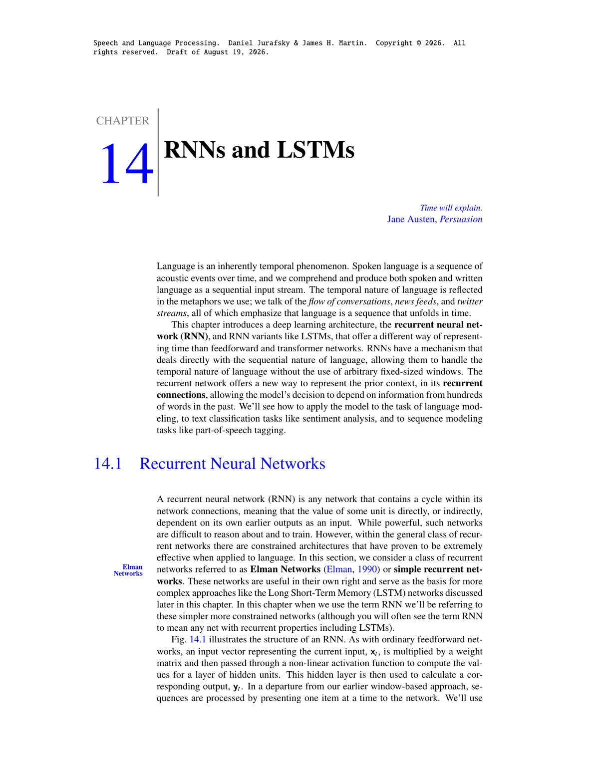 First page of Speech and Language Processing: RNNs and LSTMs.