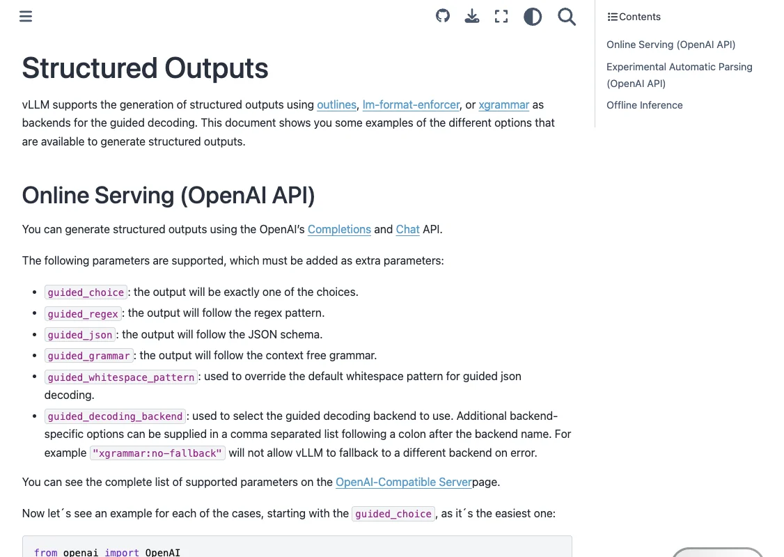 vLLM structured-output documentation introducing guided generation through the OpenAI-compatible API.