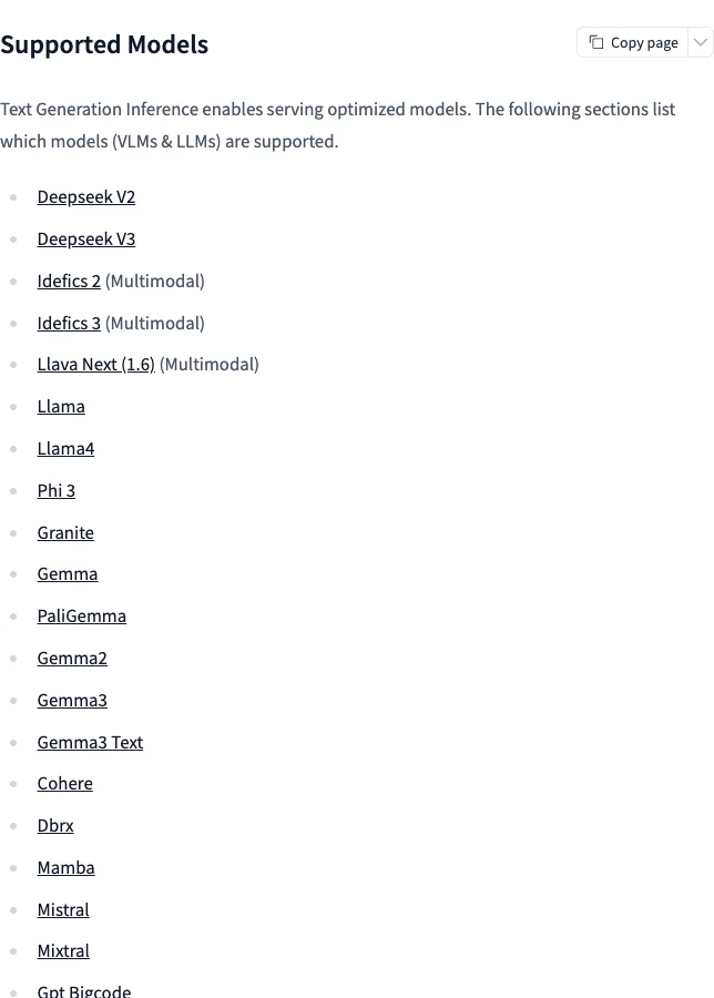 Hugging Face Text Generation Inference documentation listing supported language-model families.