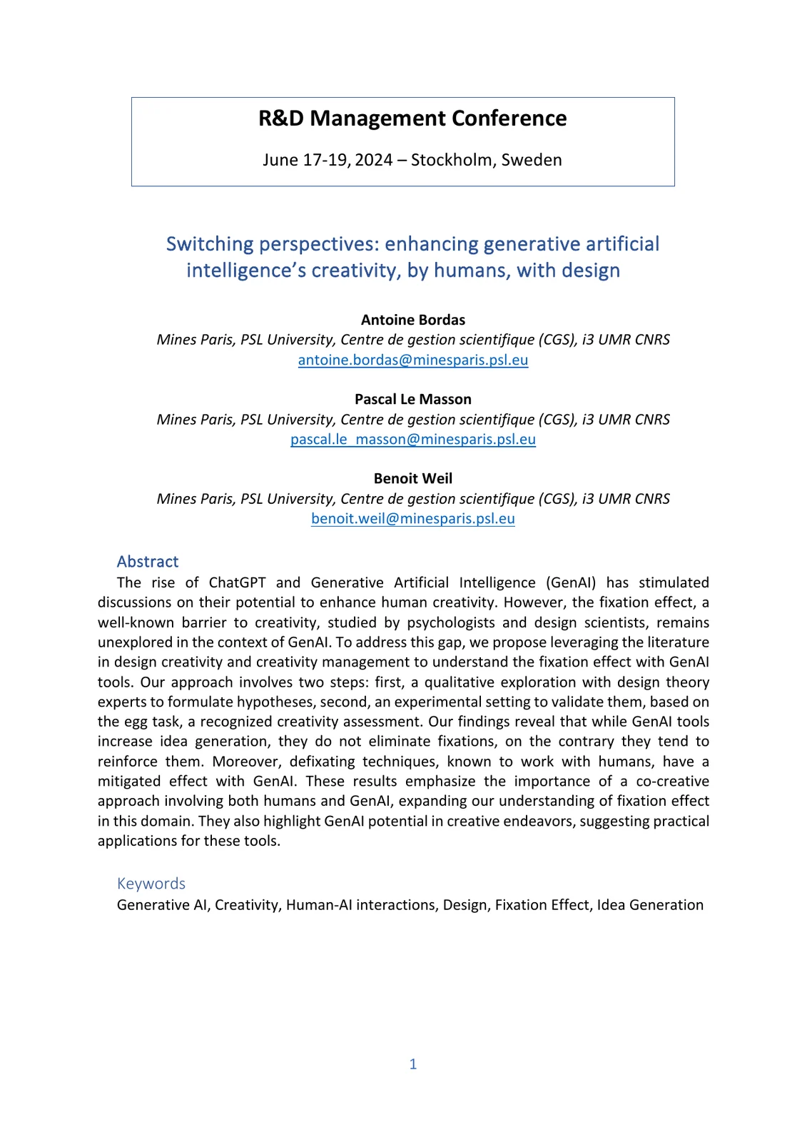Title page of Switching perspectives on generative artificial intelligence: a design view for humans-generative AI co-creativity.