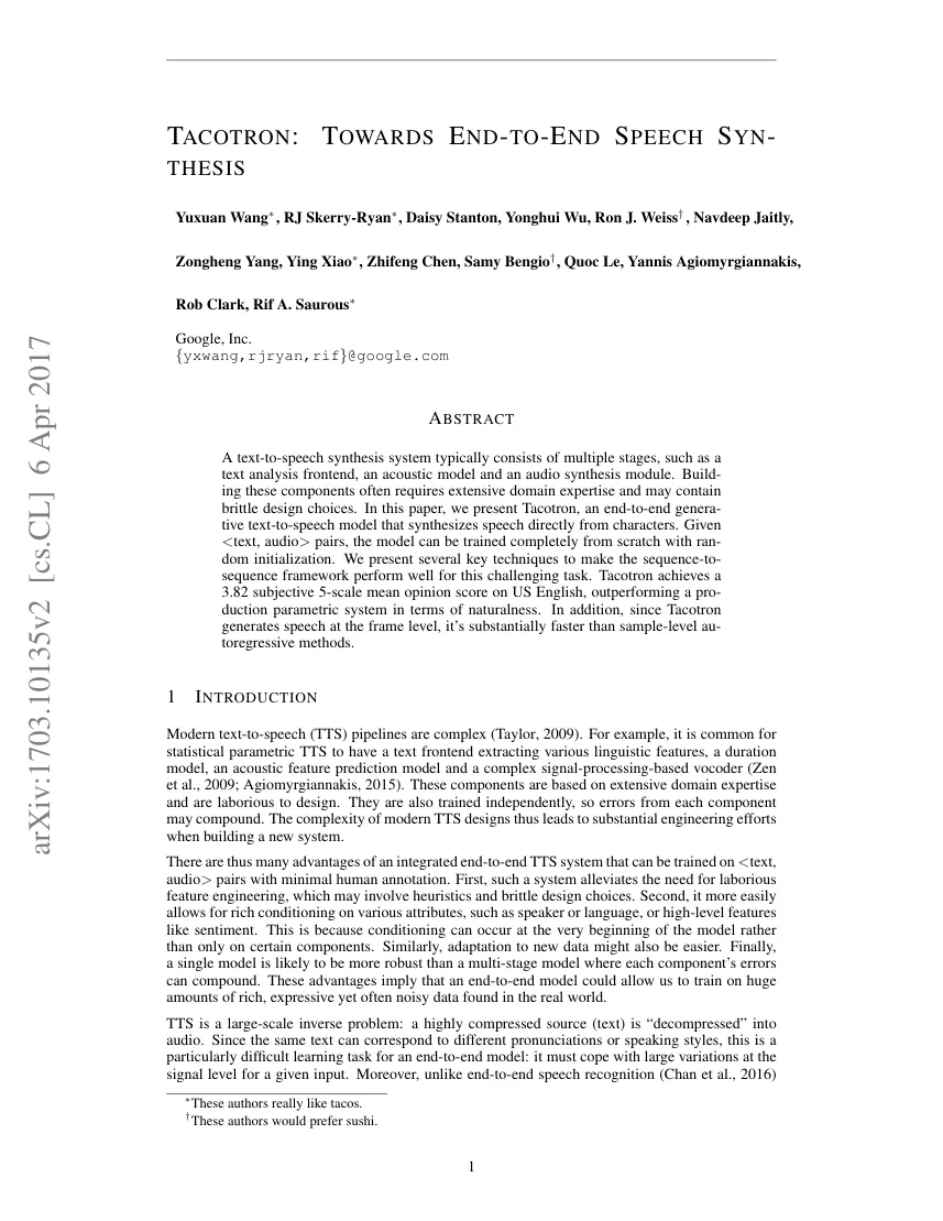 First page of Tacotron: Towards end-to-end speech synthesis.