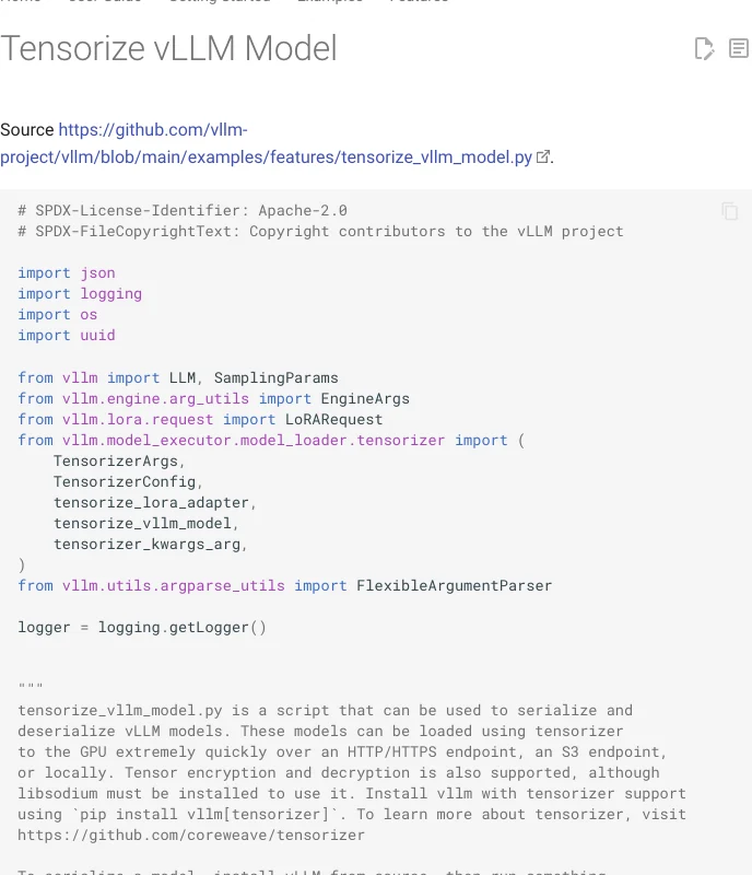 vLLM Tensorizer example with Python code for serializing and loading language models.