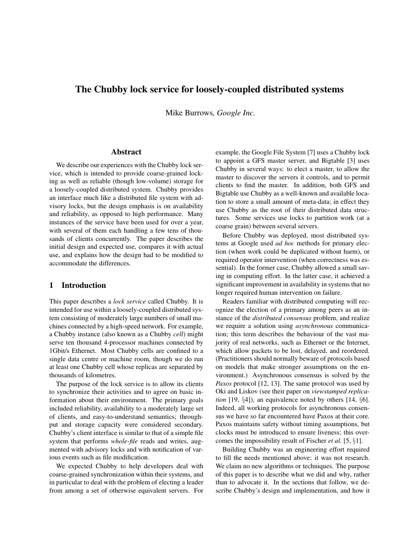 First page of The Chubby lock service for loosely-coupled distributed systems.