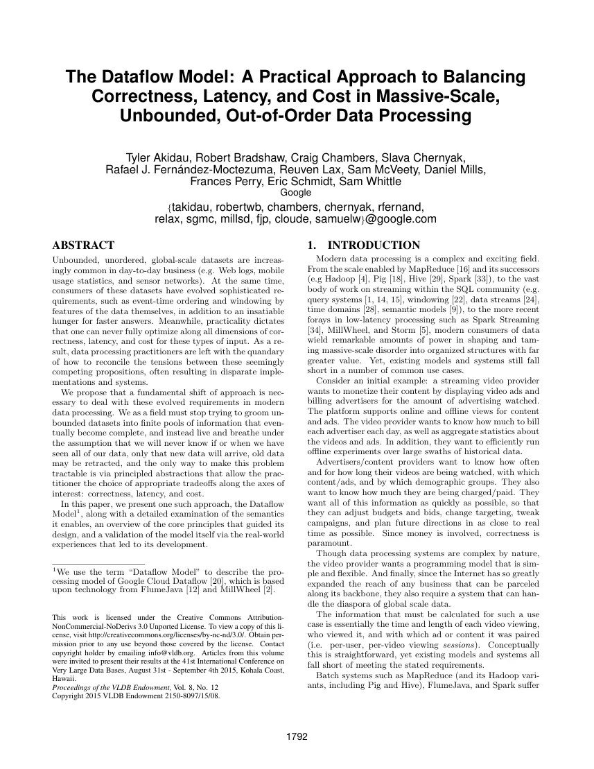 First page of The Dataflow Model: A Practical Approach to Balancing Correctness, Latency, and Cost in Massive-Scale, Unbounded, Out-of-Order Data Processing.