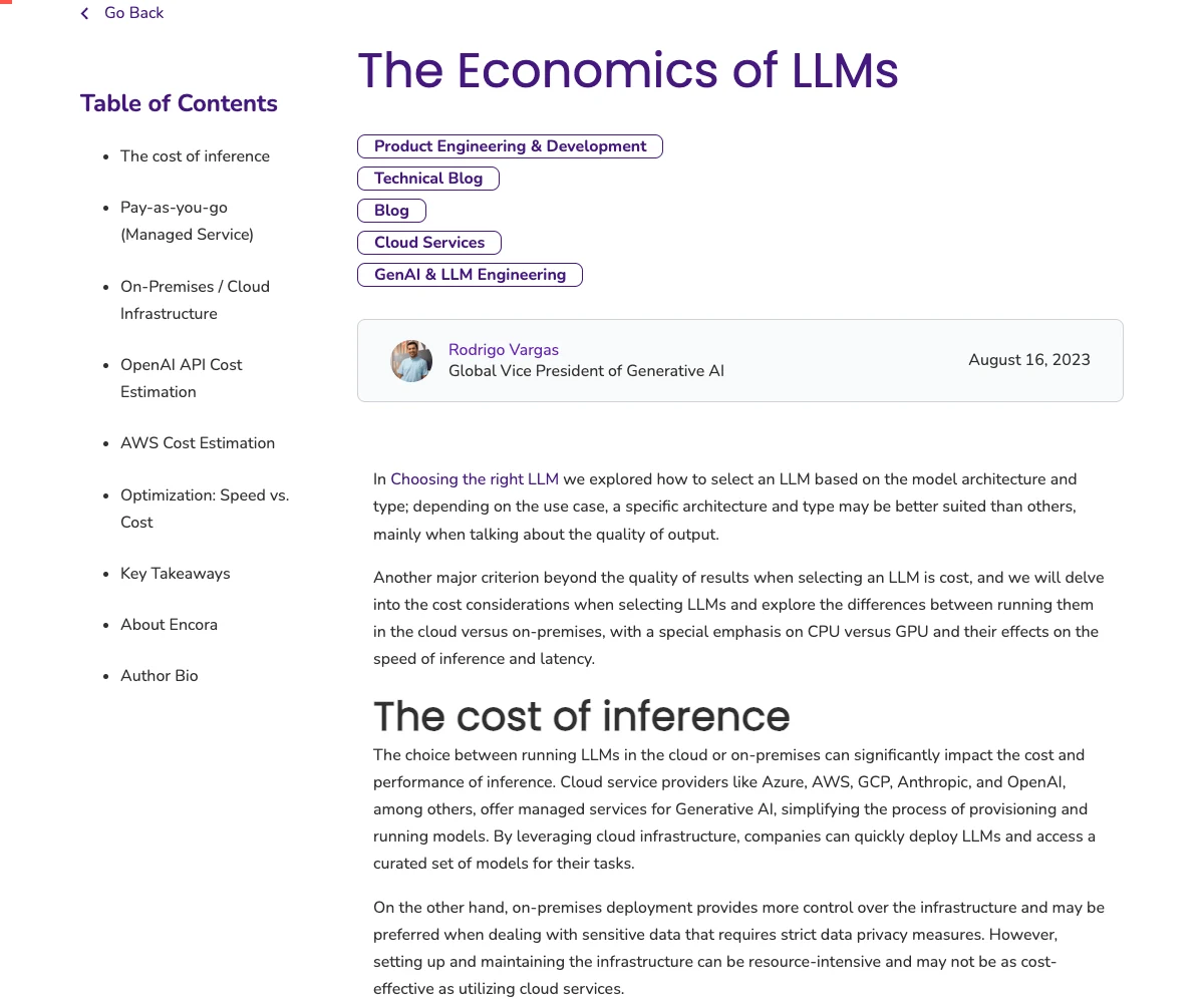 Archived article The Economics of LLMs, showing the introduction and the cost of inference section