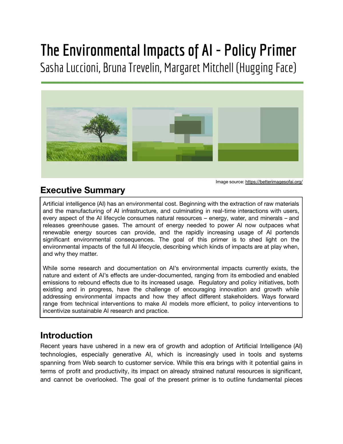 First page of The Environmental Impacts of AI: Policy Primer.