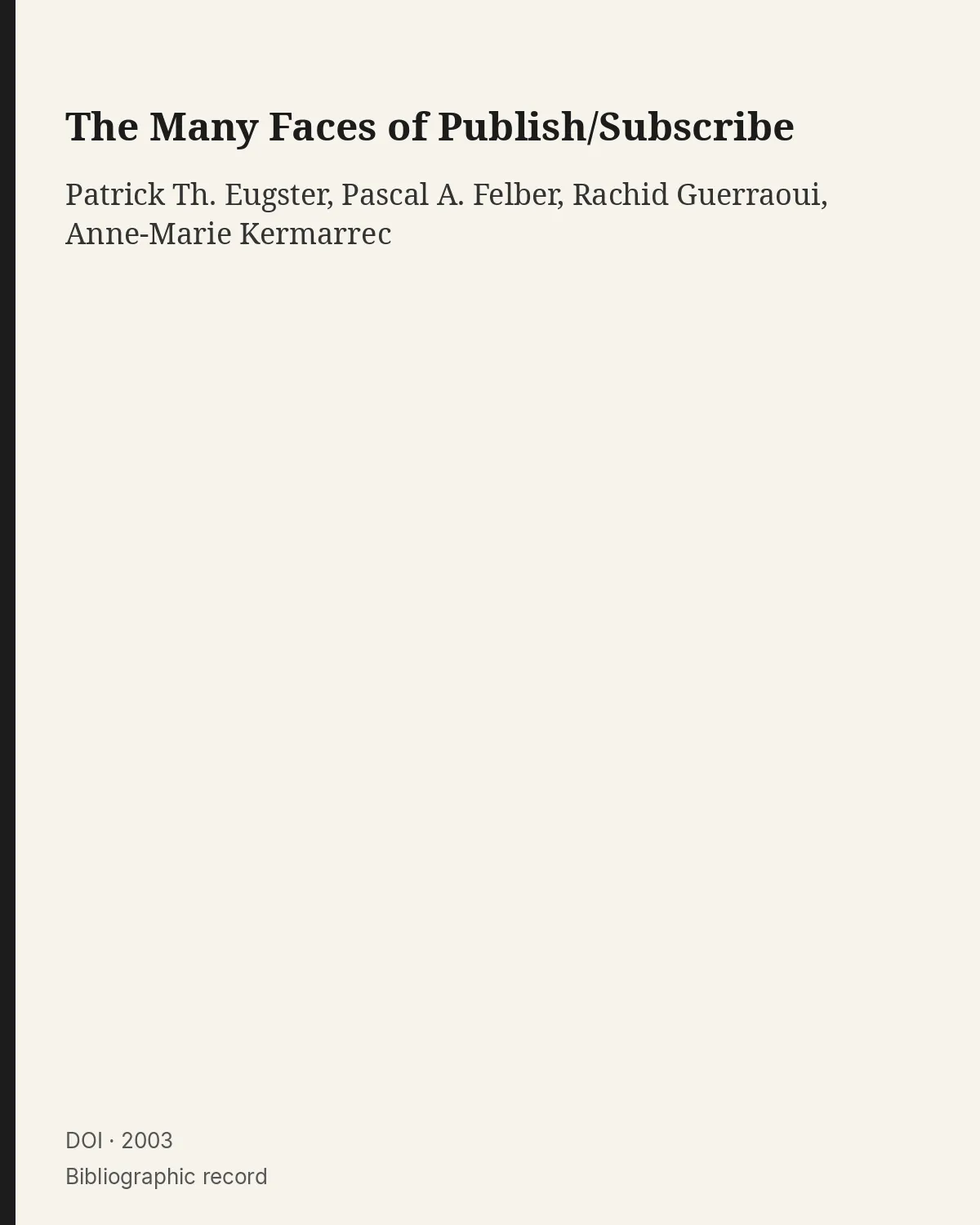 Bibliographic record for The Many Faces of Publish/Subscribe.