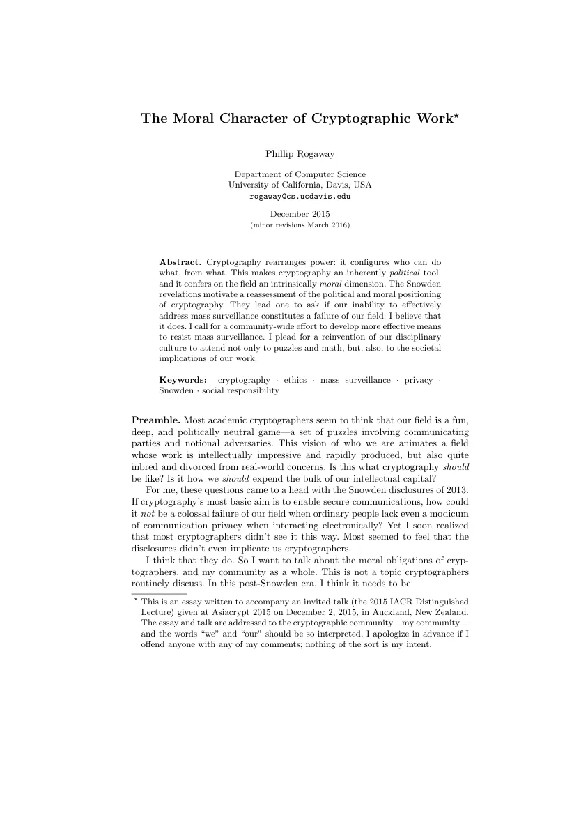 First page of The Moral Character of Cryptographic Work.