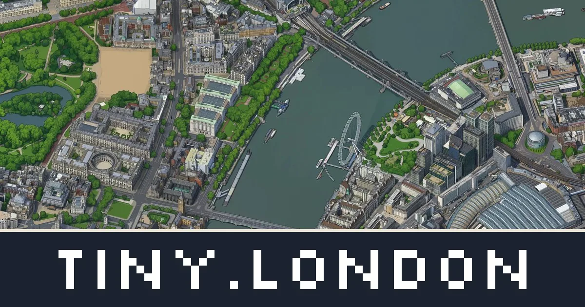 Pixel-art map of Westminster: the Thames, the London Eye and Waterloo station, with a tiny.london title band.