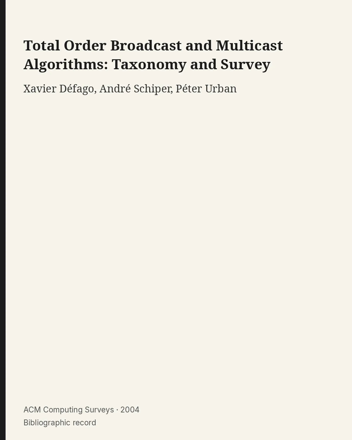 Bibliographic record for Total Order Broadcast and Multicast Algorithms: Taxonomy and Survey.