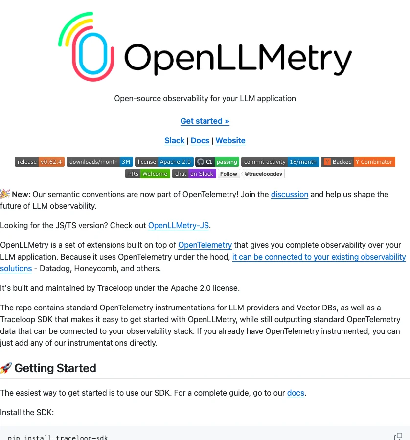 OpenLLMetry repository README introducing OpenTelemetry-based observability for LLM applications.