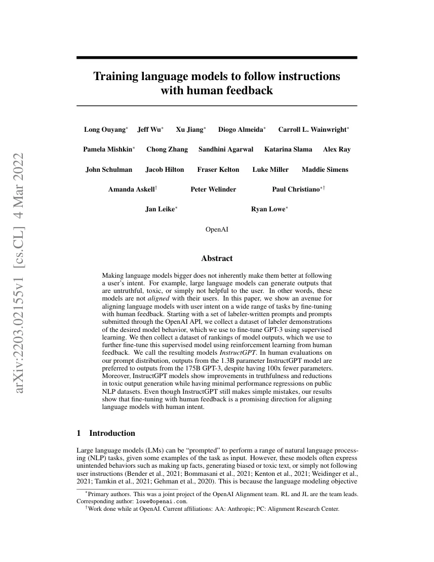 First page of Training language models to follow instructions with human feedback.