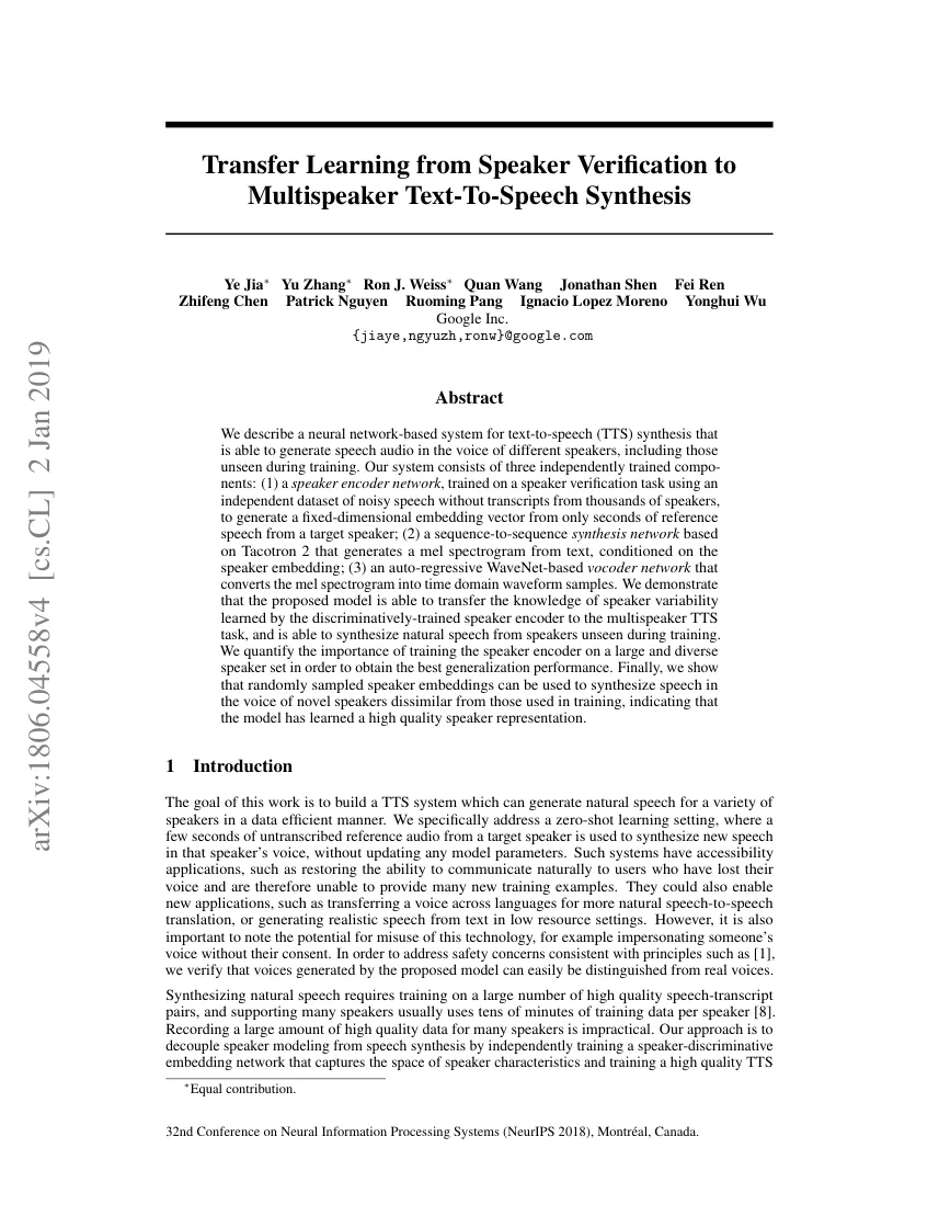 First page of Transfer learning from speaker verification to multispeaker text-to-speech synthesis.