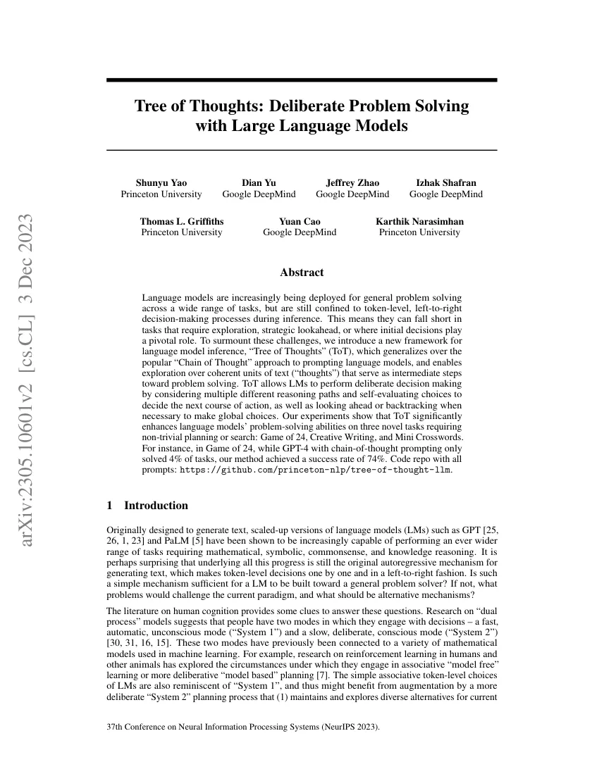 First page of Tree of Thoughts: Deliberate Problem Solving with Large Language Models.