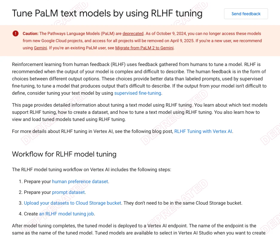 Archived Google Cloud guide showing the PaLM RLHF tuning workflow and dataset preparation steps.