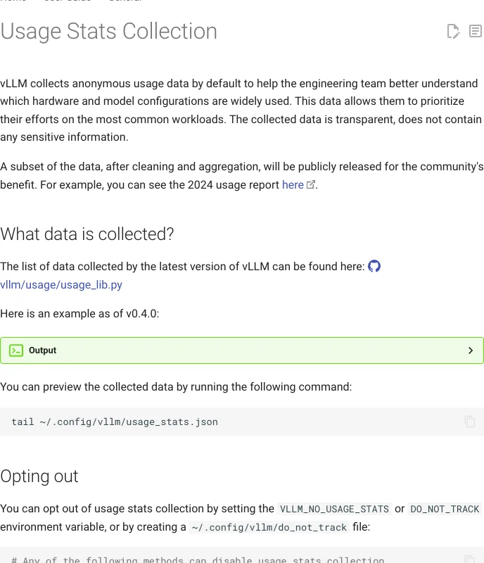 vLLM usage-statistics documentation showing collected information and how to opt out.