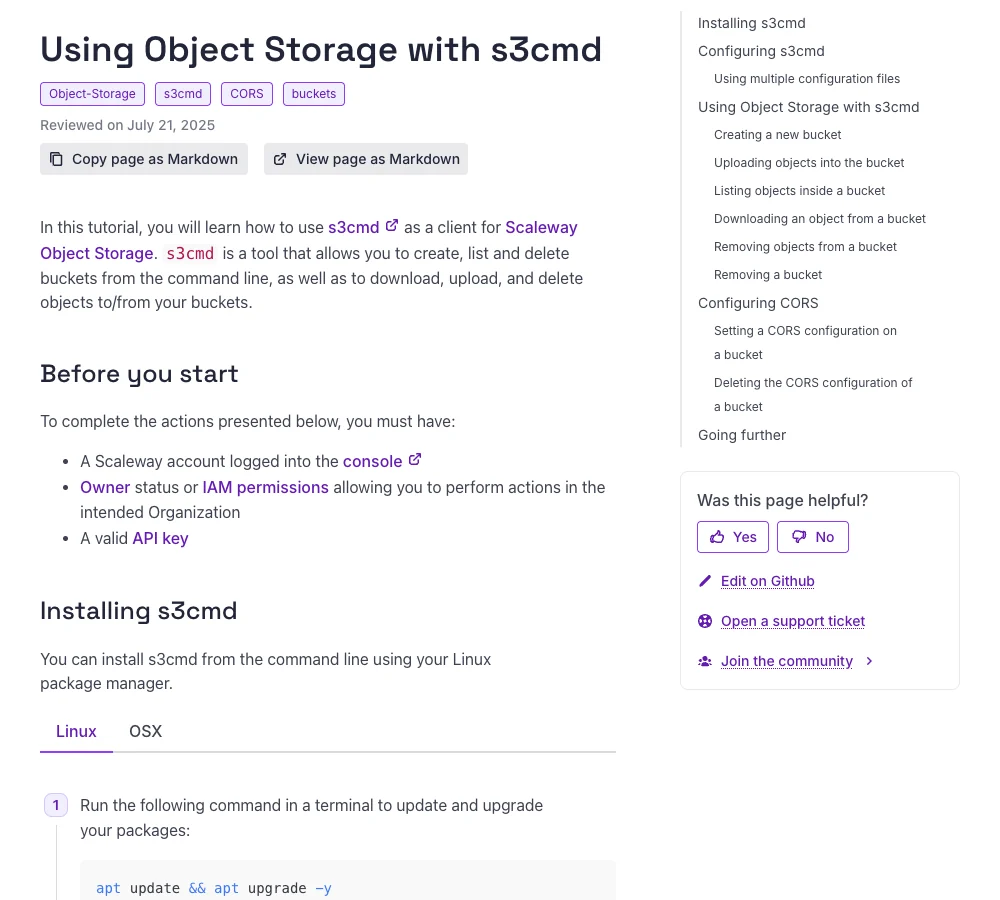 Scaleway guide showing prerequisites and installation commands for S3cmd object storage.