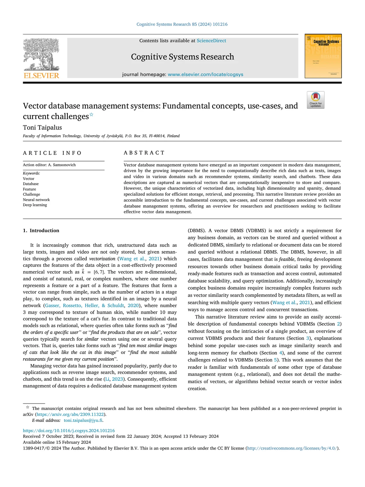 Title page of Vector database management systems: Fundamental concepts, use-cases, and current challenges.