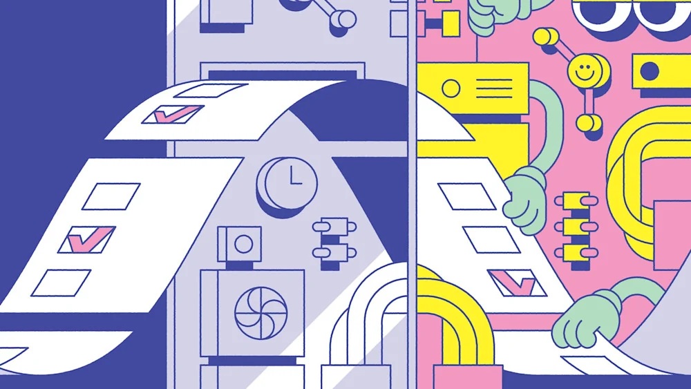 Illustration of a ballot box beside a colorful election-themed pattern