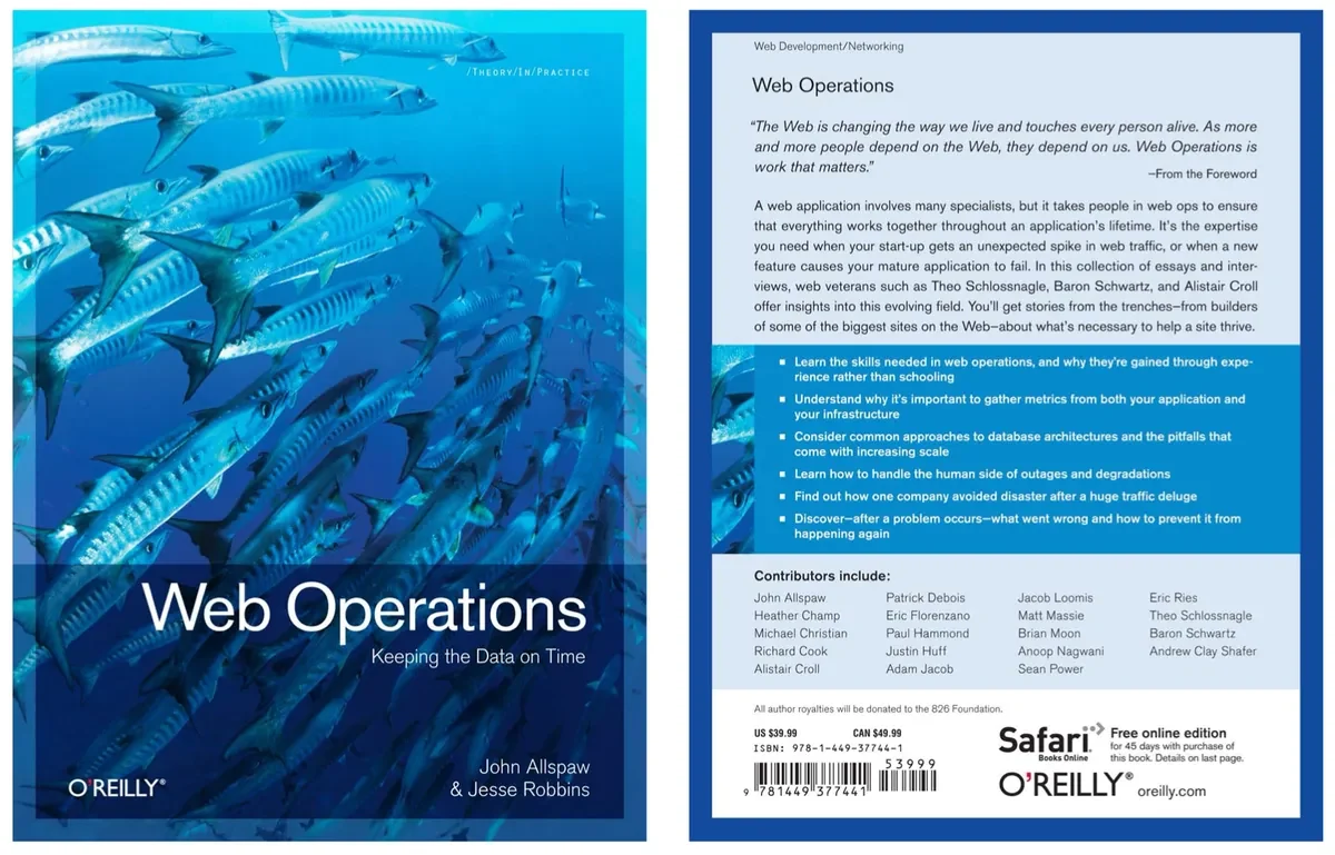 Front and back covers of Web Operations: Keeping the Data on Time, with a photograph of schooling barracuda.