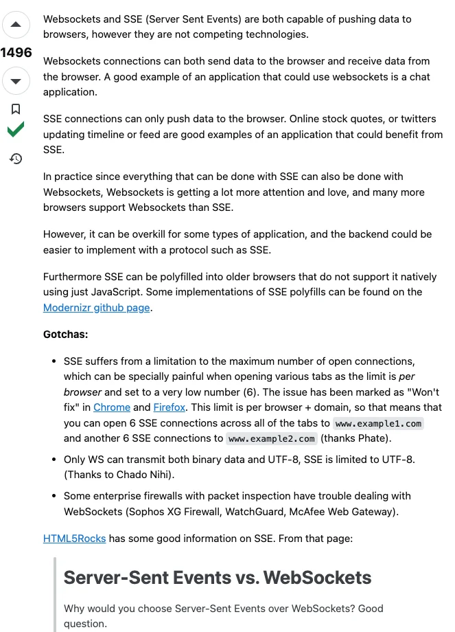 Stack Overflow discussion comparing WebSockets with server-sent events and their use cases.