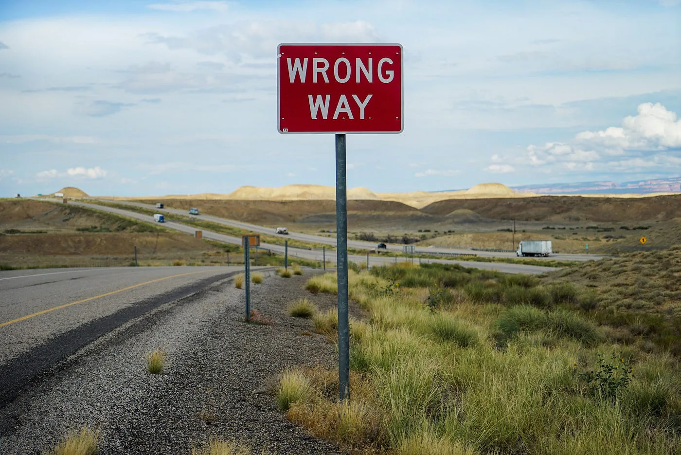 Panneau « Wrong Way » au bord d’une route.